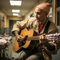 Obraz premium A leukemia man plays the guitar alone in the ward 