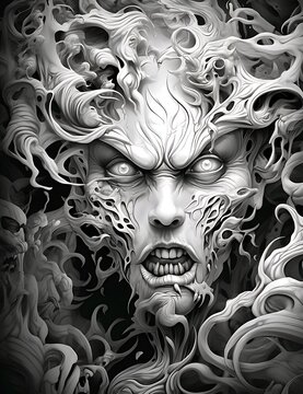 white abstract pattern of a sacry face representing roots and stripes for a halloween day with a dark background