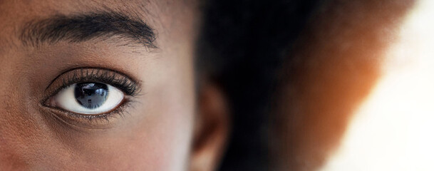 Eyes, closeup and portrait of African woman with mockup space for focus, thinking and vision....
