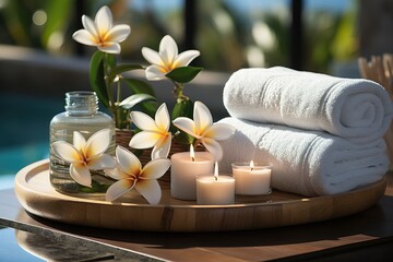 Obraz na płótnie Canvas Spa, wellness setting, towels with frangipani flowers.