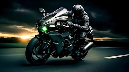 A young driver with proper driving black gear driving a sports bike at a high speed on the highway with lights blurred in the background during a rainy weather with dark clouds