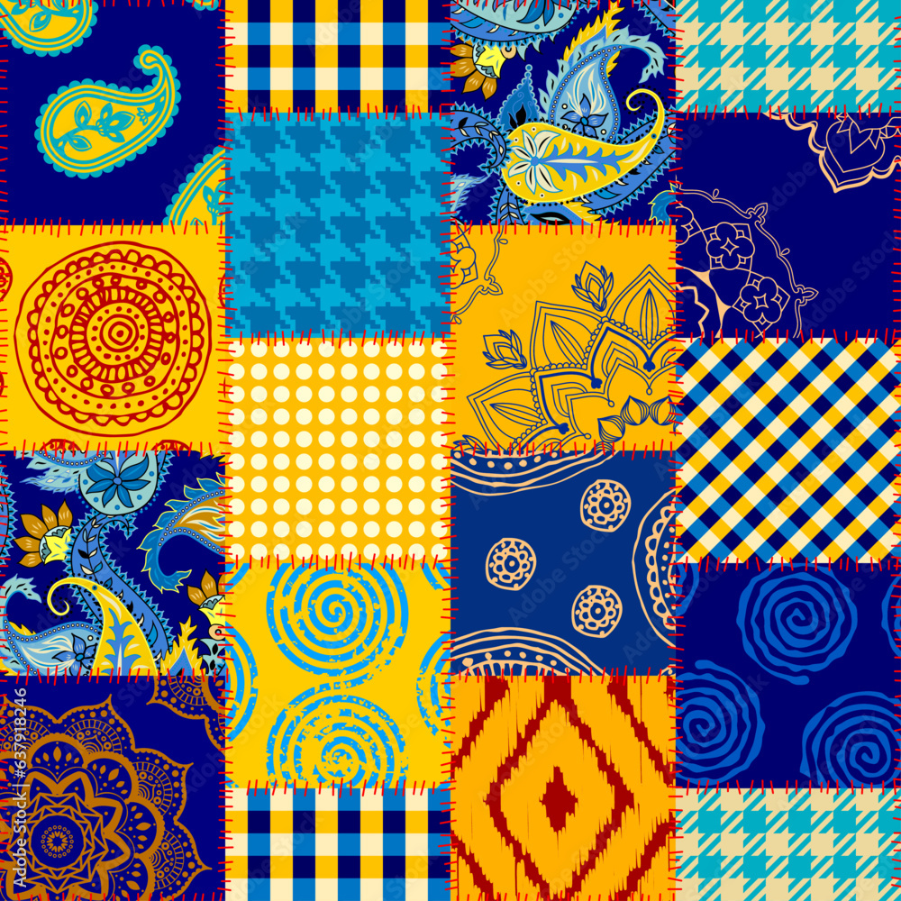 Poster textile patchwork pattern with blue and yellow colors. vector image