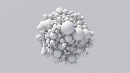 Group of white balls morphing. White background. Abstract monochrome illustration, 3d render. - obrazy, fototapety, plakaty