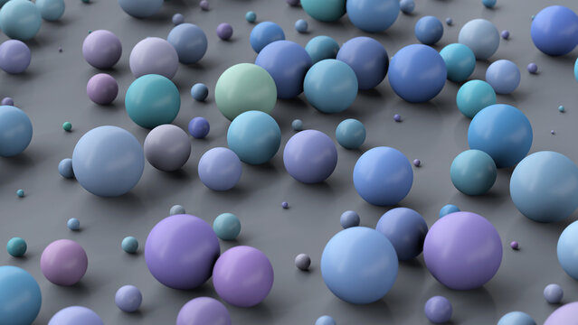 Group of blue, purple balls. Gray background. Abstract illustration, 3d render. © dinachi