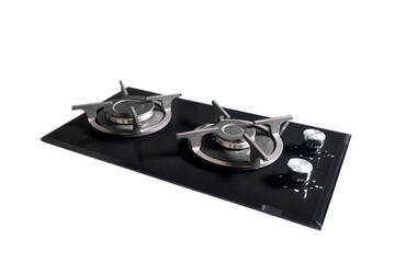 Contemporary black tempered glass gas stove hob with Two burners with auto ignition knob cast iron pan supports and flame safety valve isolated on white background.