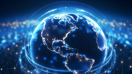 A blue earth background with futuristic technology, global connect everywhere concept, metaverse technology network digital communication and worldwide network, 3d illustration