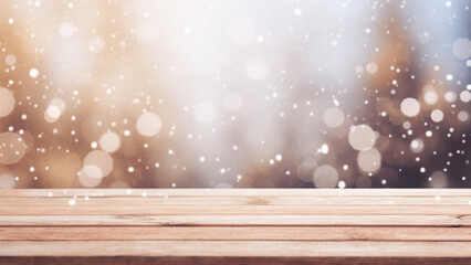 empty wooden board table with blur snow falling background for festive Christmas holiday and winter product advertisement