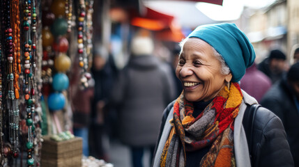 A delighted woman browsing through a vibrant outdoor market captivated by the assortment of goods on display and the urban buzz around her. 