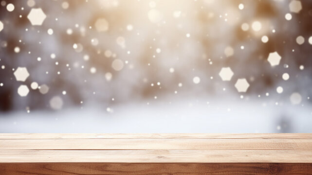 empty wooden board table with blur snow falling background for festive Christmas holiday and winter product advertisement