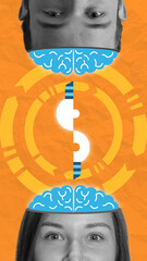 Boiling brain. Contemporary art collage. Man and woman black and white open head with blue brains which generated puzzles of new idea