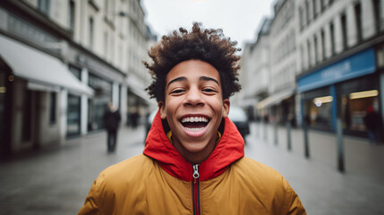 A spirited teenager their face beaming with a genuine smile embraces the vibrant energy of the city streets embodying the joyous moments of adolescence. 