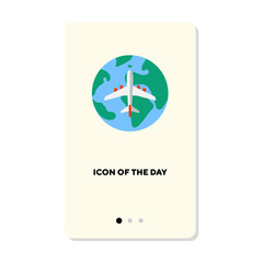 Passenger plane flying over globe or world flat icon. Vertical sign or vector illustration of airplane in flight. Air transport, transportation, traveling concept for web design and apps