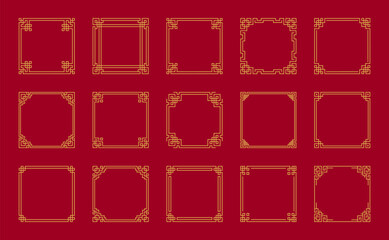 Set of Chinese frames in traditional style on red background. Vector illustration of Asian vintage frames in gold color. For decoration of banners, holiday cards and Asian culture products.