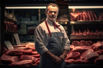 Fototapeta na wymiar Man standing in front of shelves with raw meat Male butcher