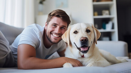 smiling man with dog at home