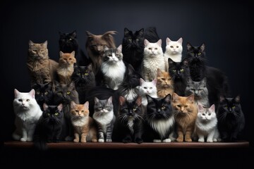 Many cats of different breeds looking at camera