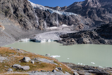 Il ghiacciaio Fellaria in Valmalenco ad Agosto 2023, Lombardia, Italia