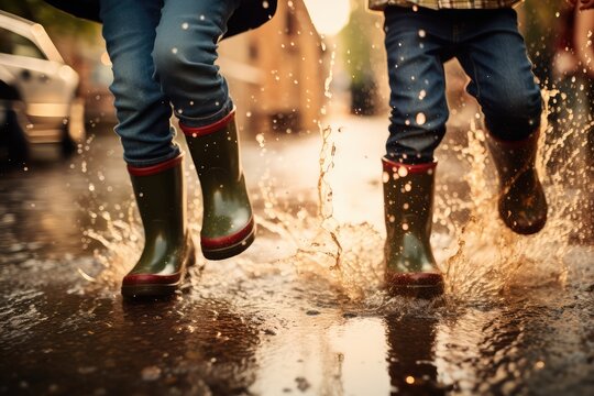Legs of children jumping over puddles in rain boots