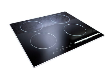 Grey countertop with black glossy built in ceramic glass induction or electric hob stove cooker...