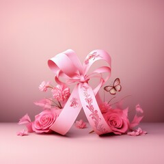 Pink ribbon bow with butterfly on pink background, valentine's day concept