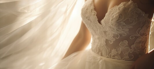 Beautiful bride in wedding gown in sunlight. Generative AI - obrazy, fototapety, plakaty