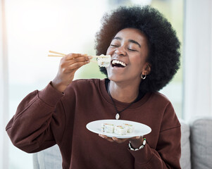 Happy, eating and black woman with sushi and chopsticks for salmon, seafood and healthy dinner in...