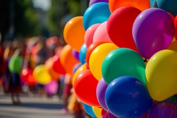 A festive crowd walking down a bustling street, adorned with colorful balloons