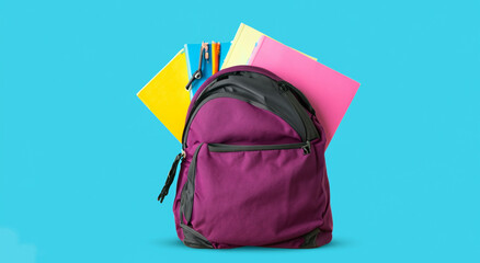 purple school bag full of books on blue background