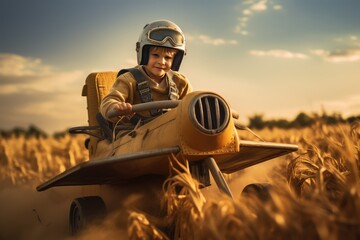 Little kid flying a homemade plane in a field at summer