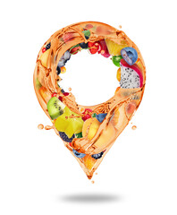 Location symbol made of various berries and fruits with juice splashes isolated on white background