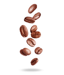 Falling coffee beans close up on a transparent background