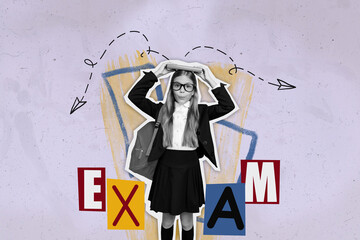Artwork collage of funny black white colors girl carry rucksack hold book above head prepare exam isolated on paper background