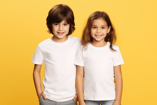 Male and female child boy and girl siblings wearing white mock-up t-shirt