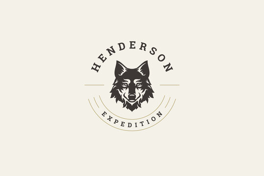 Wolf furry muzzle minimal logo design template for expedition hunting zoo brand vector flat
