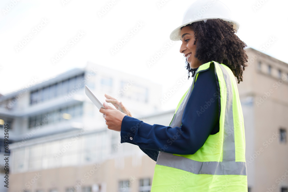 Wall mural Engineer woman, tablet and outdoor for planning, search or communication for project management. Black person with technology in a city for construction site, engineering or app for development