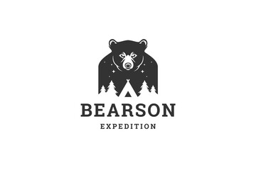 Bear camping night forest double exposure effect logo design template vector flat illustration