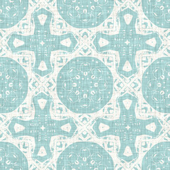 Teal aqua white vibrant watercolor batik azulejos tile background. Seamless coastal blur linen effect geometric mosaic effect.Boho Patchwork nautical masculine all over summer fashion repeat.