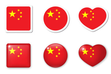 Flag of China icons collection. Flat stickers and 3d realistic glass vector elements on white background with shadow underneath.