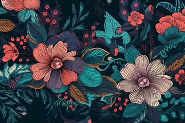 Fotobehang A vibrant floral painting against a dark backdrop © Marius F