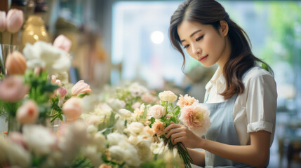 Female florist in her store picking flowers, asian woman working in a romantic soft focus and ethereal light