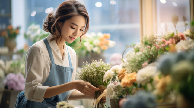 Female florist in her store picking flowers, asian woman working in a romantic soft focus and ethereal light