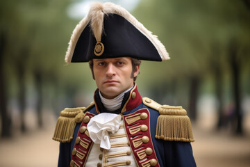 Man wearing a costume of Napoleon , the french historical emperor of France - obrazy, fototapety, plakaty