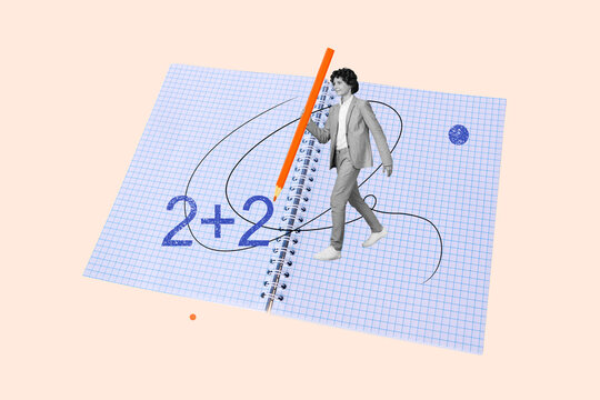 Creative collage of mini black white colors smart child hold big pencil walking opened checkered copybook page solve algebraic equation