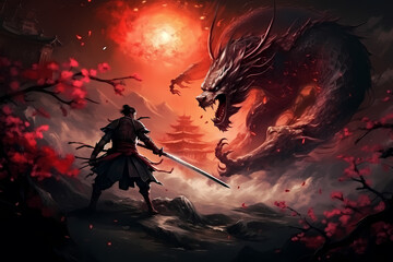 dragon versus samurai, guy, fight, japan, sakura, fall, night, creative, fantasy, digital art