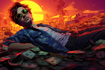 the guy lies on a pile of money, neon, sunset, glasses, digital art