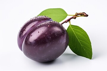 Juicy purple Plum fruits with green leaf and water drops isolated on white background