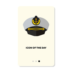 Captain cap with anchor flat icon. Vertical sign or vector illustration of headdress of professional sailor. Job or profession, uniform, headwear concept for web design and apps