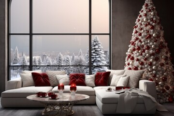 Sofa in a festive interior. Merry christmas and happy new year concept