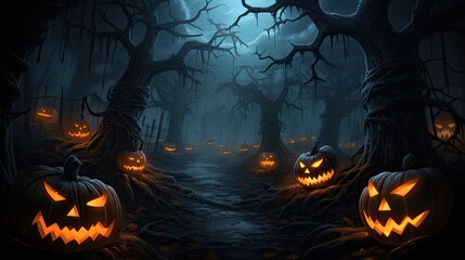 A sinister pumpkin patch with carved jack-o'-lanterns, their grins casting an unsettling glow - Generative ai