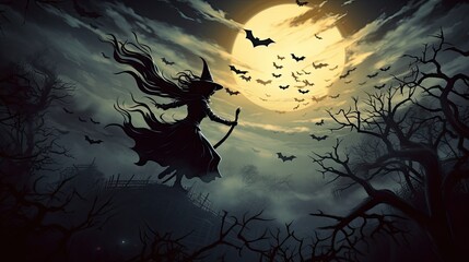 A witch's silhouette flying across the moonlit sky on her broomstick, surrounded by bats - Generative ai